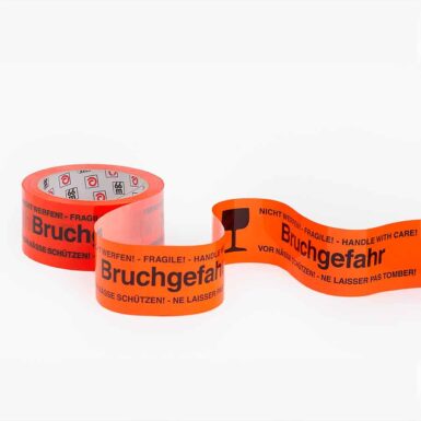 PP Warnklebeband "Bruchgefahr", "nicht werfen", "fragile!", "handle with care!", "ne pas laisser tomber" "vor Nässe schützen", Glas-Symbole, 66m x 50mm orange mit schwarzem Druck leise abrollbar Art. 400083