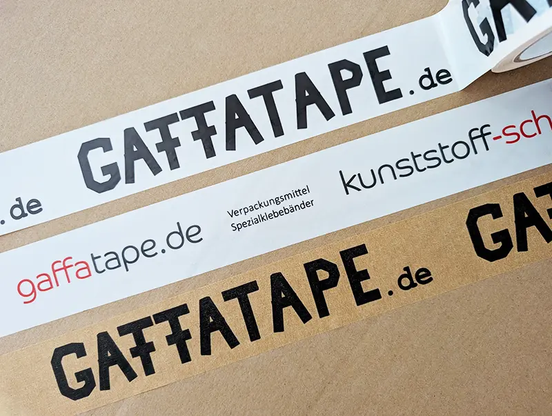 Bedruckte Packklebebänder Beispiel gaffatape PVC und Papier 1-farbig und 2-farbig
